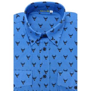 Chemise Camarguaise coton bleue motifs taureaux noir