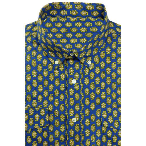 Chemise coton Provençale Bleue/jaune motif Lotus