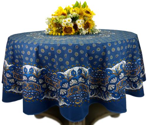 Nappe Ronde COTON ENDUIT Bleue motif "Mistraou"