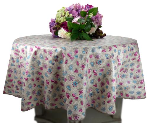 Nappe Ronde COTON ENDUIT Beige/Rose motif "Floral