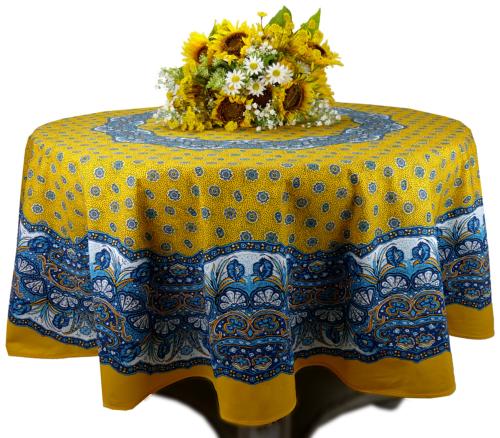 Nappe Ronde COTON ENDUIT Jaune motif "Mistraou"