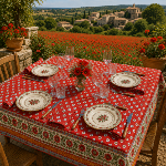 Nappe Carrée Rouge joli motif Provençal "Gordes"