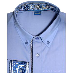 Chemise Provençale manches longues uni bleu motifs cachemire
