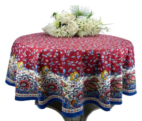 Nappe Ronde COTON ENDUIT Rouge motif "Champêtre"