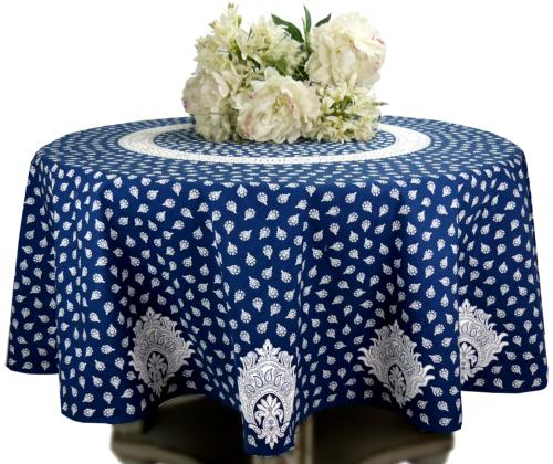 Nappe Ronde COTON ENDUIT Bleue motif Provençal