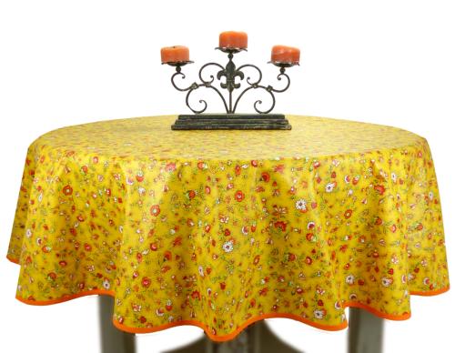 Nappe Ronde COTON ENDUIT Jaune joli motif "Champêtre"