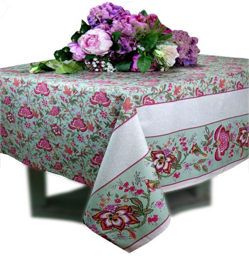 Nappe Enduite Rectangulaire Menthe motif "Colombes"