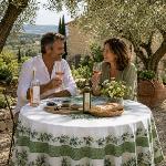 Nappe Ronde Verte Olive COTON <B>ENDUIT</B> motif «Bastide»